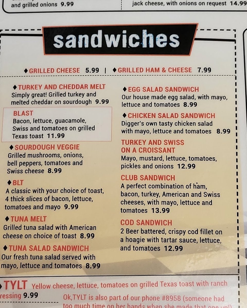 Burger menu with side dishes and kids' items.