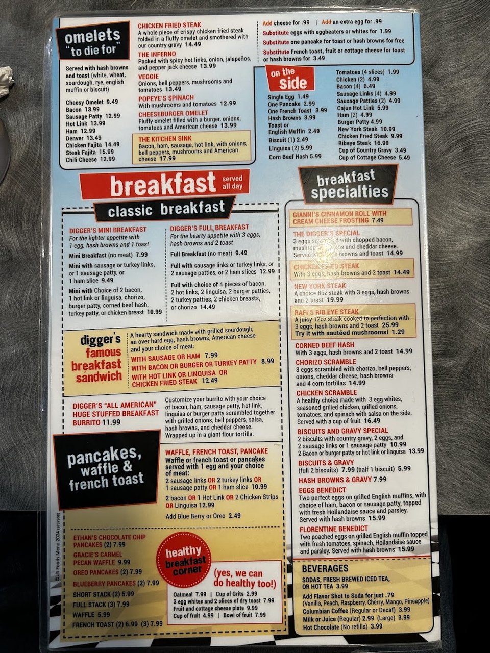 Menu page showing burgers, sides, and kids choices.